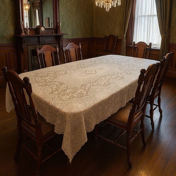 Large Cream Lace Tablecloth 168 by 108 Vintage Intricate Floral Scalloped Edges - Picture 1 of 16